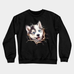 Cute Adorable Husky Puppy Breaking Through Wall Crewneck Sweatshirt